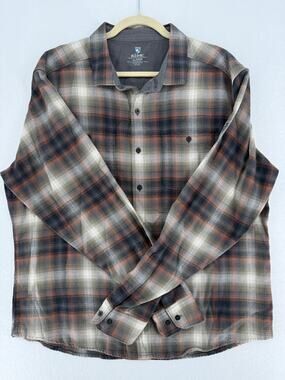 Kuhl Mens XL Plaid Flannel Shirt Cotton Tencel Brown Gray Long Sleeve Outdoor